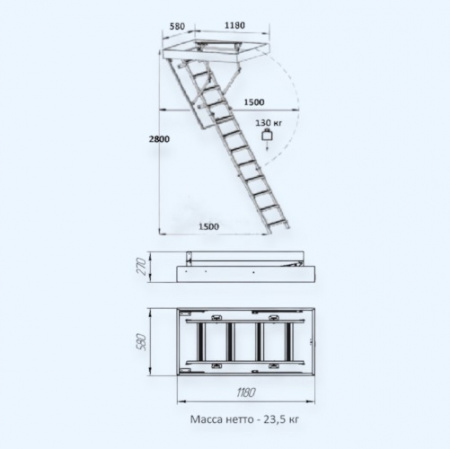 ЧЛ-14 600х1200 Лесенка Деревянная чердачная лестница встраиваемая в потолок
